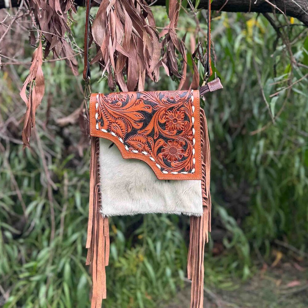 Women Hair On Tooled Bag with Western Fringe & Detachable Crossbody Strap